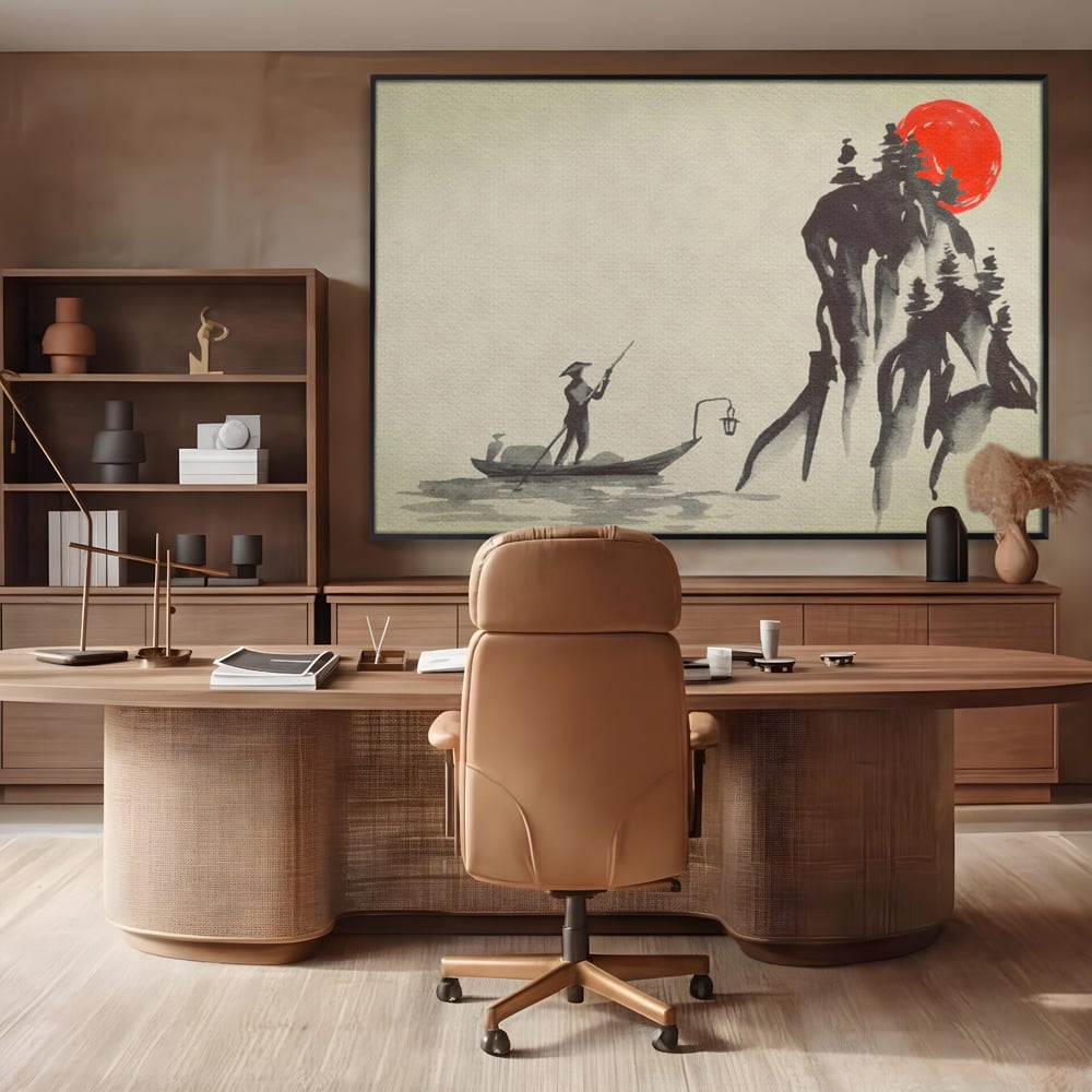 Tablou Canvas Premium LuxCanva® A1272, Japan Traditional Sumi, Living, Sakura, Barca, Apa, Dormitor, Culori Vibrante