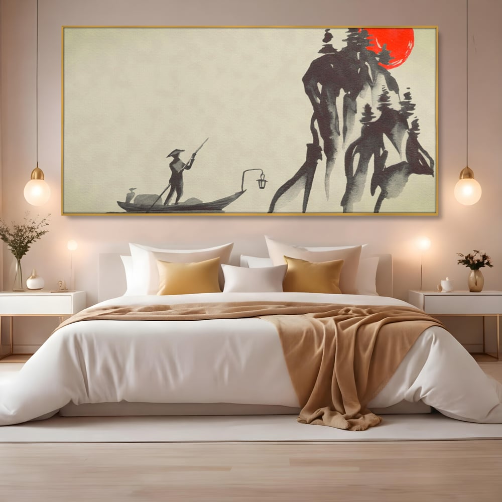 Tablou Canvas Premium LuxCanva® A1272, Japan Traditional Sumi, Living, Sakura, Barca, Apa, Dormitor, Culori Vibrante