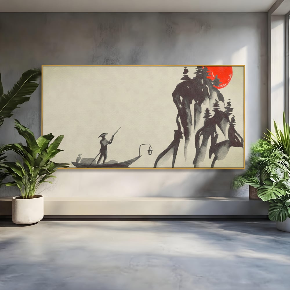 Tablou Canvas Premium LuxCanva® A1272, Japan Traditional Sumi, Living, Sakura, Barca, Apa, Dormitor, Culori Vibrante