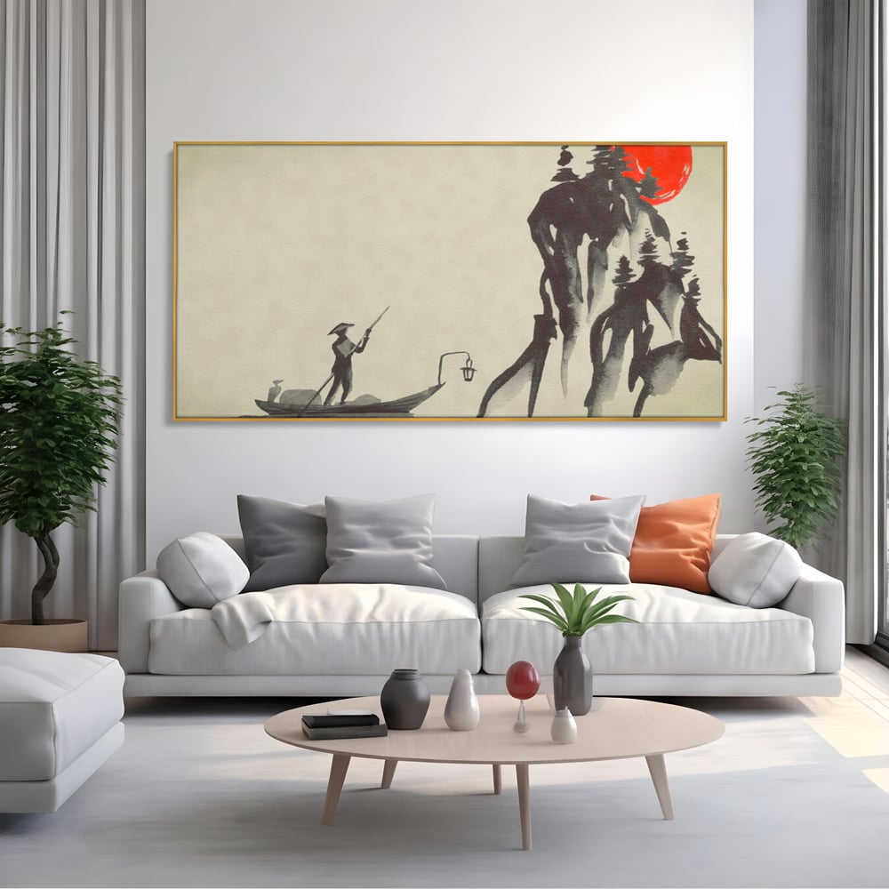 Tablou Canvas Premium LuxCanva® A1272, Japan Traditional Sumi, Living, Sakura, Barca, Apa, Dormitor, Culori Vibrante