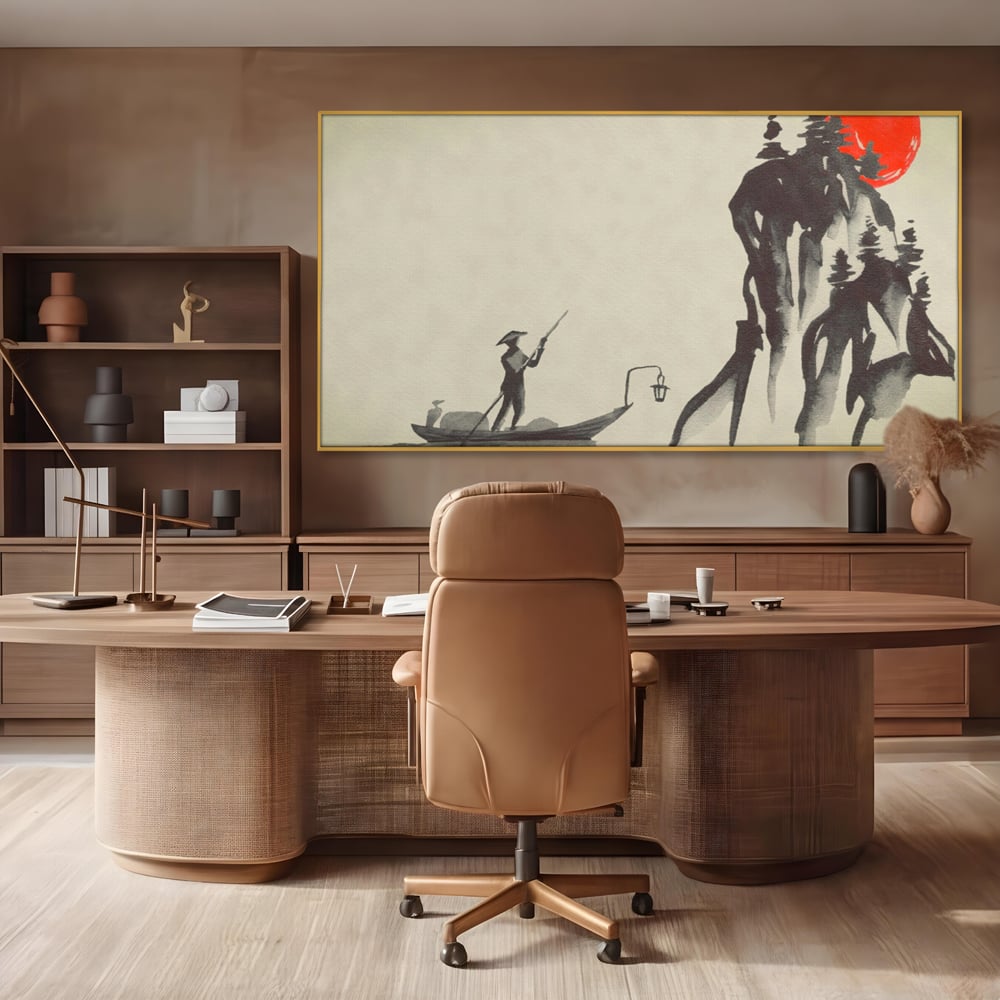 Tablou Canvas Premium LuxCanva® A1272, Japan Traditional Sumi, Living, Sakura, Barca, Apa, Dormitor, Culori Vibrante