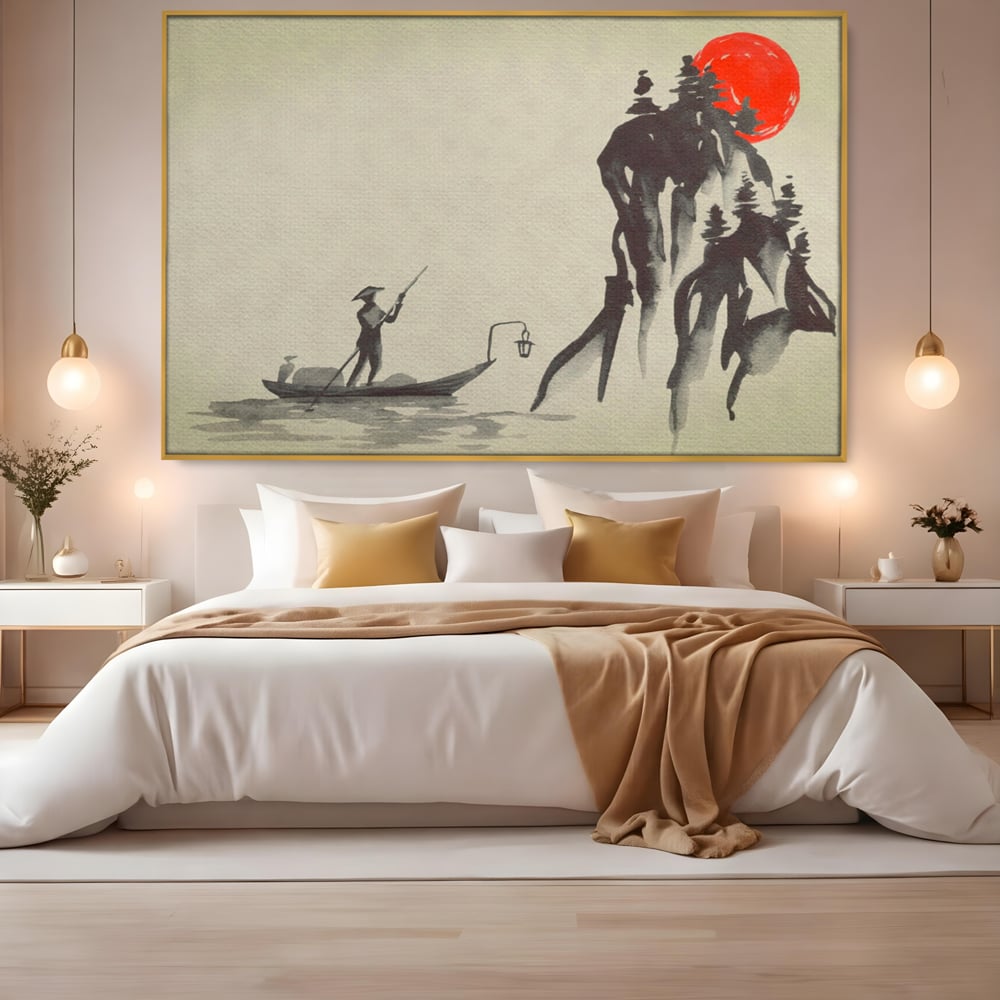 Tablou Canvas Premium LuxCanva® A1272, Japan Traditional Sumi, Living, Sakura, Barca, Apa, Dormitor, Culori Vibrante