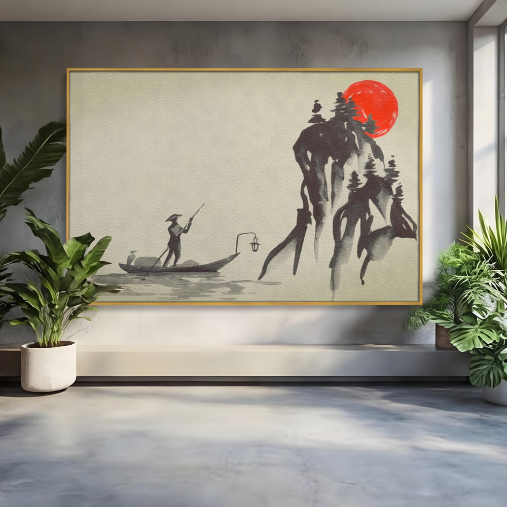 Tablou Canvas Premium LuxCanva® A1272, Japan Traditional Sumi, Living, Sakura, Barca, Apa, Dormitor, Culori Vibrante