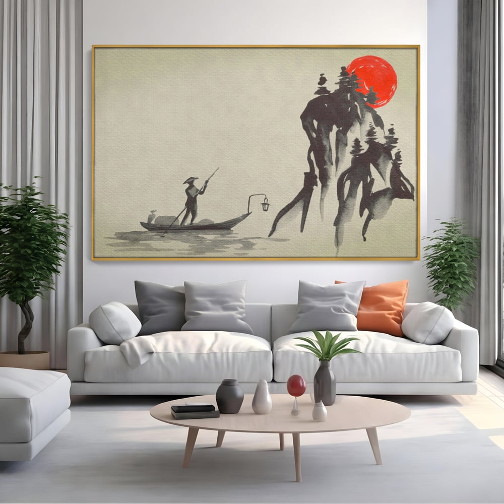 Tablou Canvas Premium LuxCanva® A1272, Japan Traditional Sumi, Living, Sakura, Barca, Apa, Dormitor, Culori Vibrante