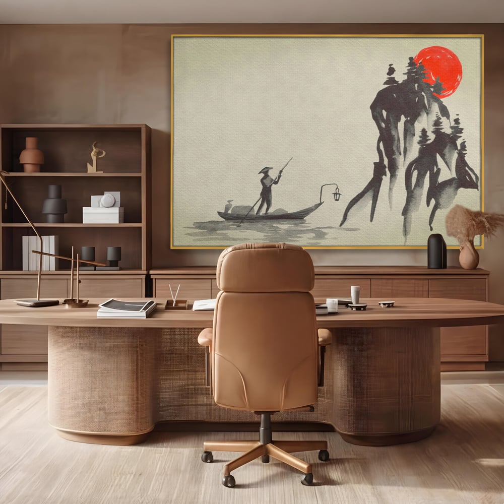 Tablou Canvas Premium LuxCanva® A1272, Japan Traditional Sumi, Living, Sakura, Barca, Apa, Dormitor, Culori Vibrante