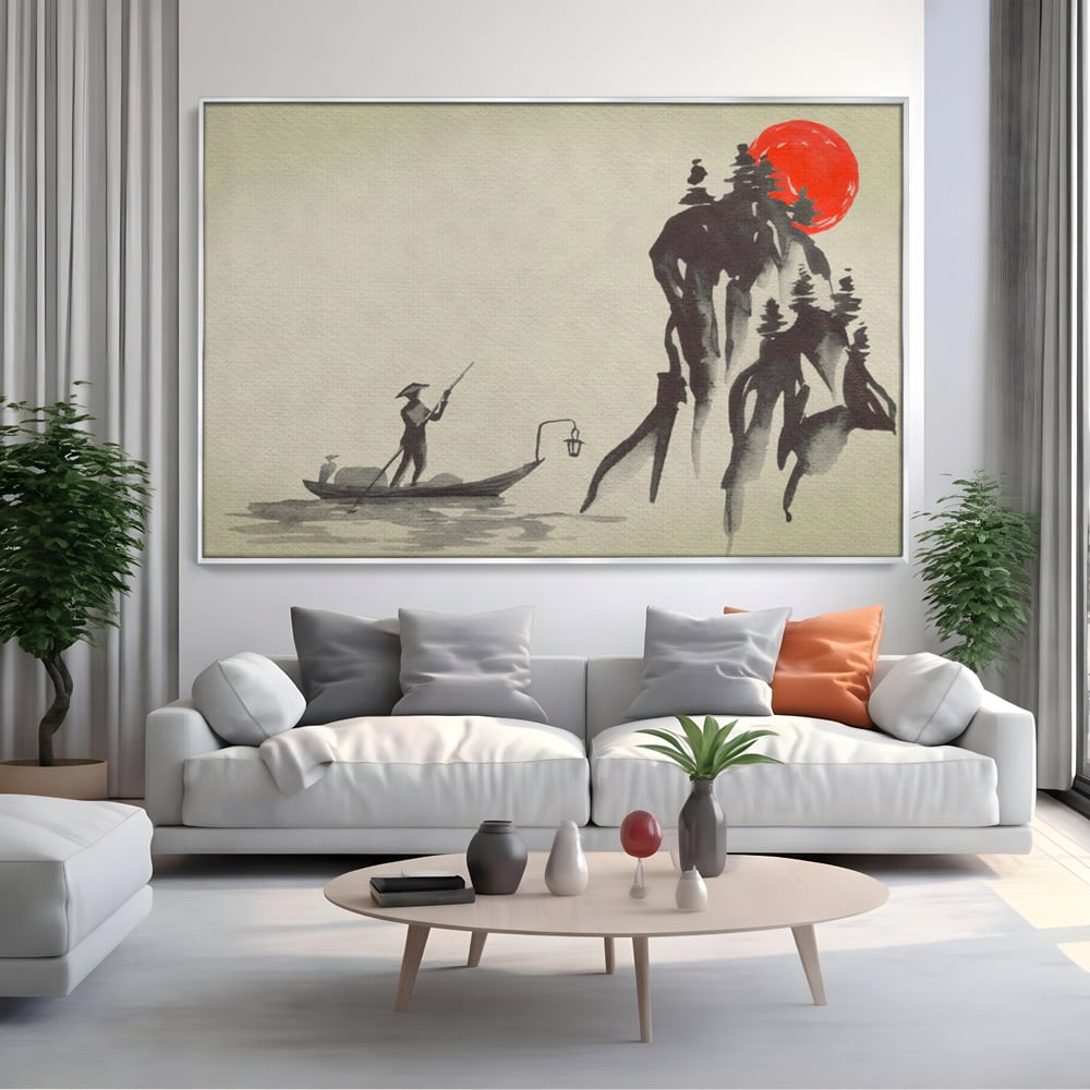 Tablou Canvas Premium LuxCanva® A1272, Japan Traditional Sumi, Living, Sakura, Barca, Apa, Dormitor, Culori Vibrante