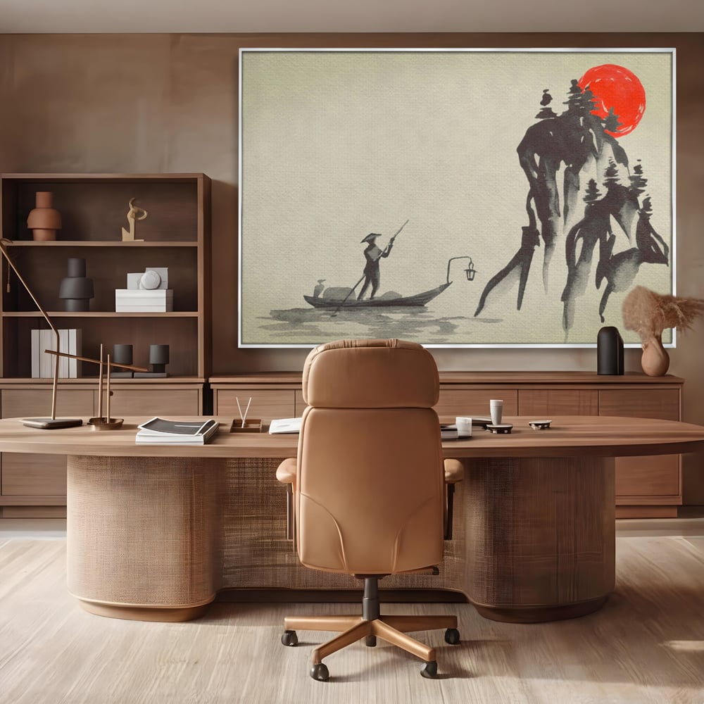 Tablou Canvas Premium LuxCanva® A1272, Japan Traditional Sumi, Living, Sakura, Barca, Apa, Dormitor, Culori Vibrante