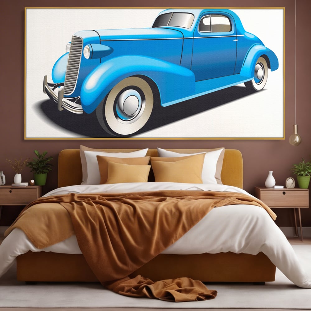 Tablou Canvas Premium LuxCanva® A1273, Blue Old Car, Camera Copil, Masina De Epoca, Albastru, Dormitor, Culori Vibrante