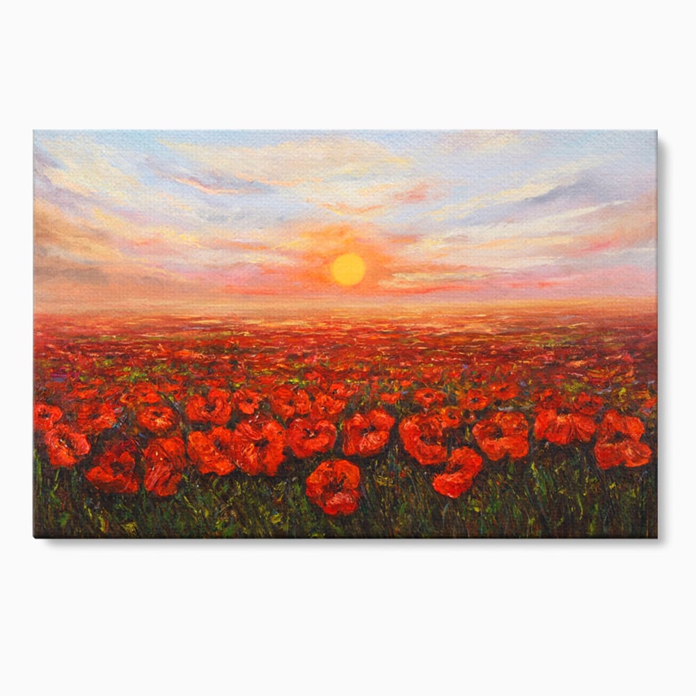 Leinwandbilder Premium-Leinwandkunst LuxCanva® A1275, Feld mit Mohnblumen, Wohnen, Blumen, Blumen, Sonne, Himmel, Landleben, Schlafzimmer, kräftige Farben
