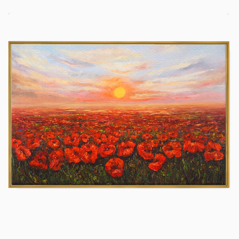 Leinwandbilder Premium-Leinwandkunst LuxCanva® A1275, Feld mit Mohnblumen, Wohnen, Blumen, Blumen, Sonne, Himmel, Landleben, Schlafzimmer, kräftige Farben