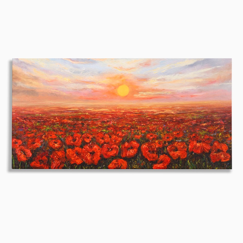 Leinwandbilder Premium-Leinwandkunst LuxCanva® A1275, Feld mit Mohnblumen, Wohnen, Blumen, Blumen, Sonne, Himmel, Landleben, Schlafzimmer, kräftige Farben