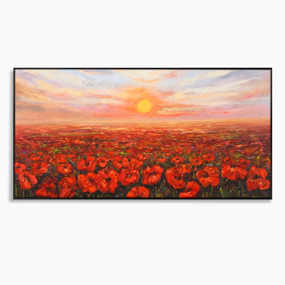 Leinwandbilder Premium-Leinwandkunst LuxCanva® A1275, Feld mit Mohnblumen, Wohnen, Blumen, Blumen, Sonne, Himmel, Landleben, Schlafzimmer, kräftige Farben