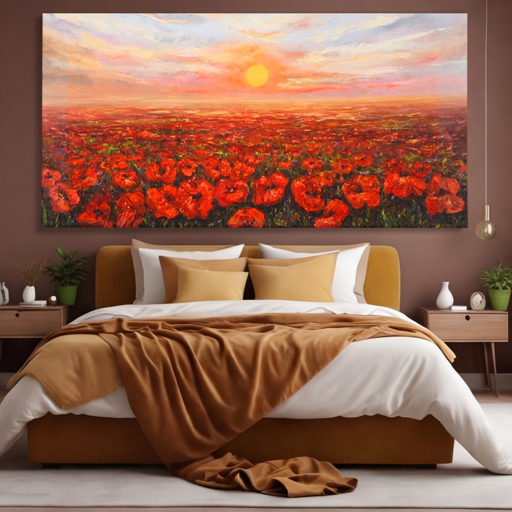 Leinwandbilder Premium-Leinwandkunst LuxCanva® A1275, Feld mit Mohnblumen, Wohnen, Blumen, Blumen, Sonne, Himmel, Landleben, Schlafzimmer, kräftige Farben