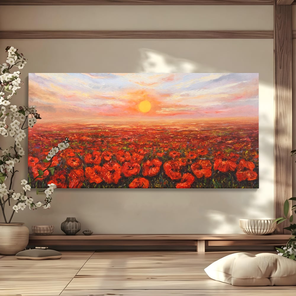 Leinwandbilder Premium-Leinwandkunst LuxCanva® A1275, Feld mit Mohnblumen, Wohnen, Blumen, Blumen, Sonne, Himmel, Landleben, Schlafzimmer, kräftige Farben