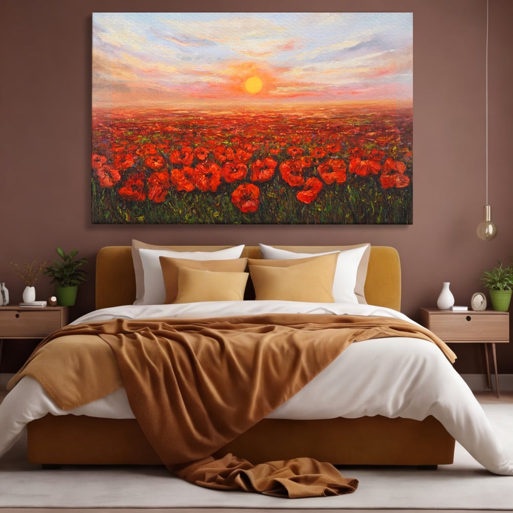 Leinwandbilder Premium-Leinwandkunst LuxCanva® A1275, Feld mit Mohnblumen, Wohnen, Blumen, Blumen, Sonne, Himmel, Landleben, Schlafzimmer, kräftige Farben