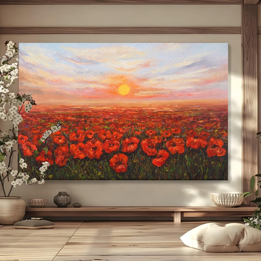 Leinwandbilder Premium-Leinwandkunst LuxCanva® A1275, Feld mit Mohnblumen, Wohnen, Blumen, Blumen, Sonne, Himmel, Landleben, Schlafzimmer, kräftige Farben
