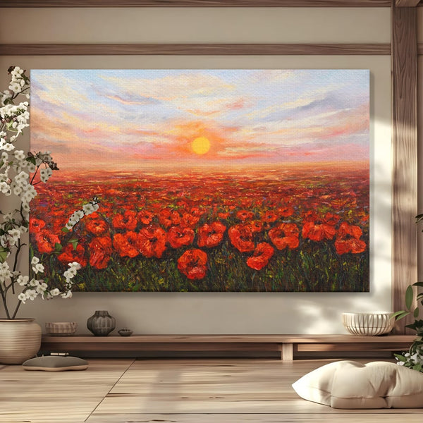 Leinwandbilder Premium-Leinwandkunst LuxCanva® A1275, Feld mit Mohnblumen, Wohnen, Blumen, Blumen, Sonne, Himmel, Landleben, Schlafzimmer, kräftige Farben