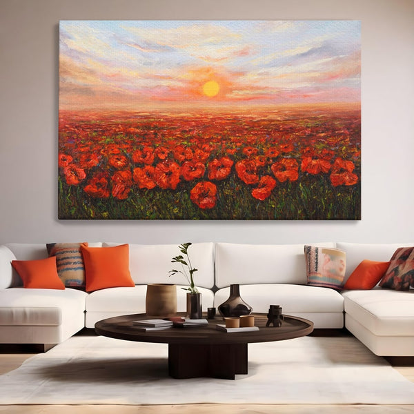Leinwandbilder Premium-Leinwandkunst LuxCanva® A1275, Feld mit Mohnblumen, Wohnen, Blumen, Blumen, Sonne, Himmel, Landleben, Schlafzimmer, kräftige Farben