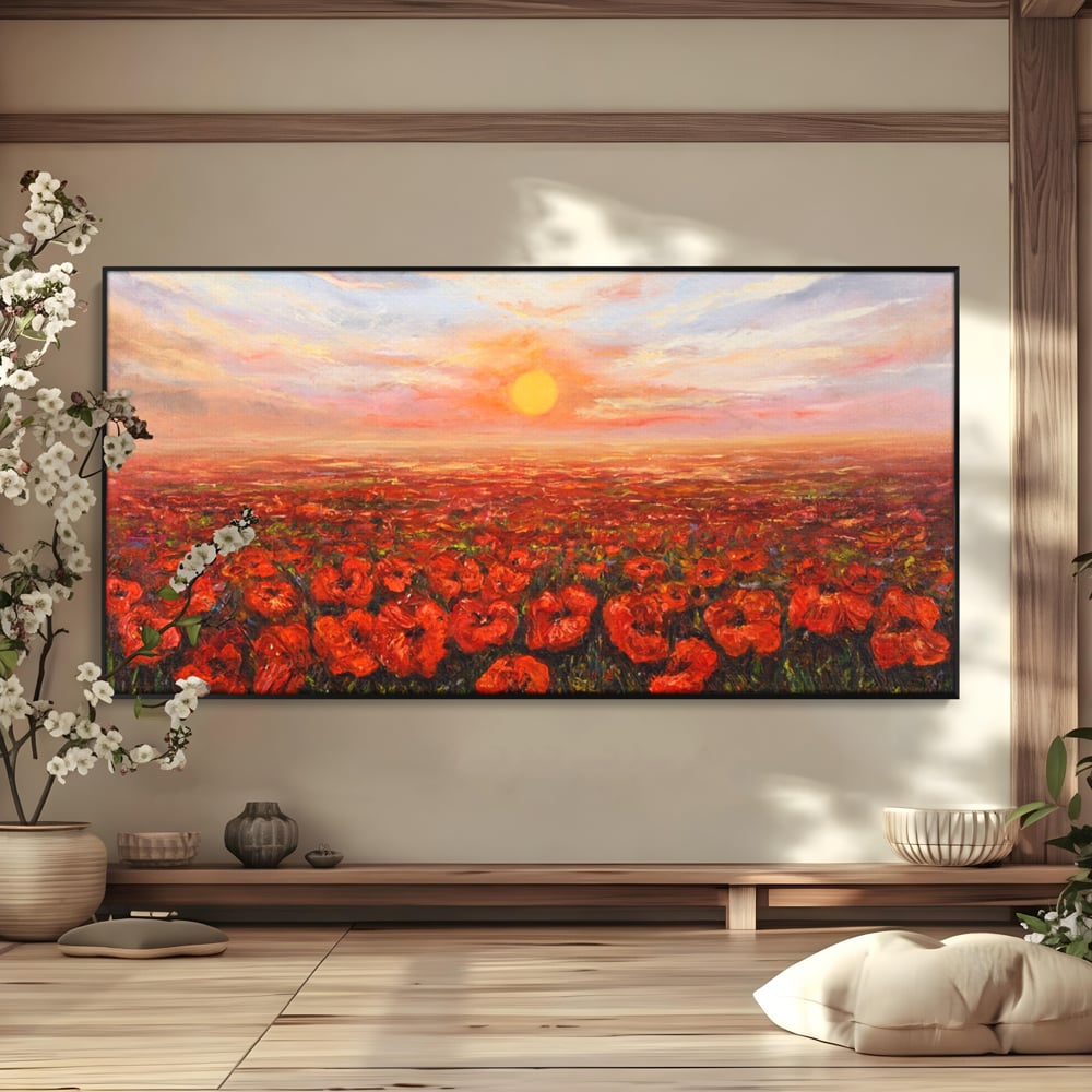 Leinwandbilder Premium-Leinwandkunst LuxCanva® A1275, Feld mit Mohnblumen, Wohnen, Blumen, Blumen, Sonne, Himmel, Landleben, Schlafzimmer, kräftige Farben