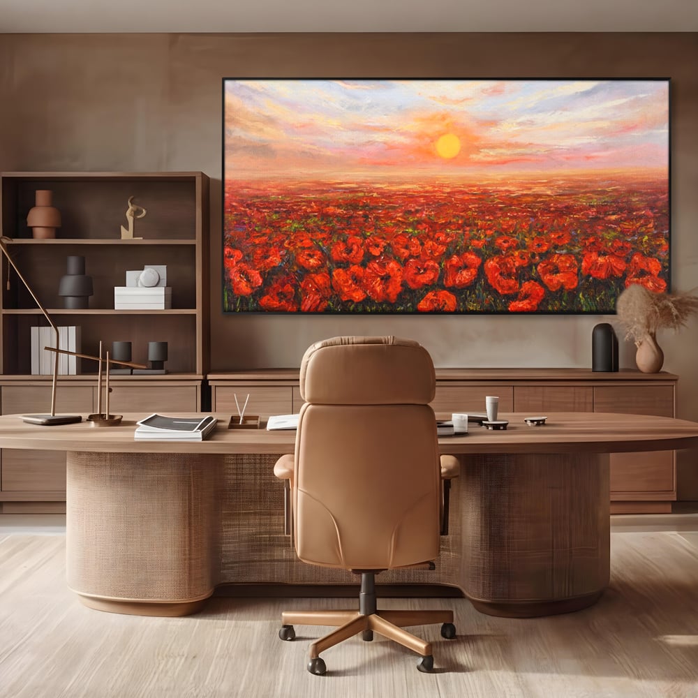 Leinwandbilder Premium-Leinwandkunst LuxCanva® A1275, Feld mit Mohnblumen, Wohnen, Blumen, Blumen, Sonne, Himmel, Landleben, Schlafzimmer, kräftige Farben