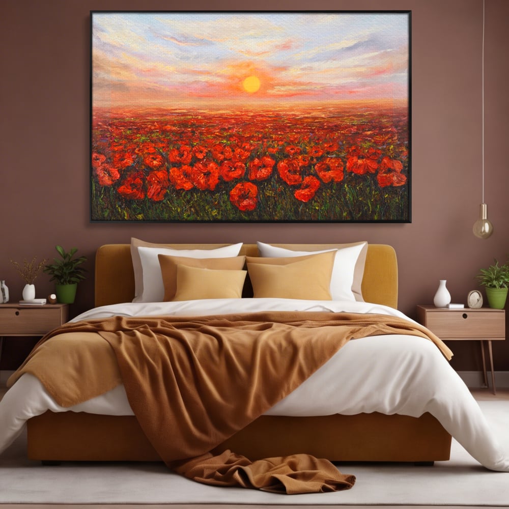 Leinwandbilder Premium-Leinwandkunst LuxCanva® A1275, Feld mit Mohnblumen, Wohnen, Blumen, Blumen, Sonne, Himmel, Landleben, Schlafzimmer, kräftige Farben