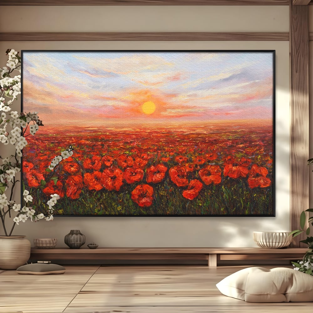 Leinwandbilder Premium-Leinwandkunst LuxCanva® A1275, Feld mit Mohnblumen, Wohnen, Blumen, Blumen, Sonne, Himmel, Landleben, Schlafzimmer, kräftige Farben