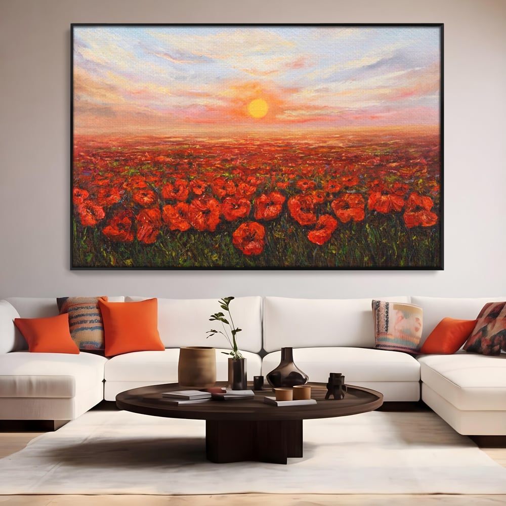 Leinwandbilder Premium-Leinwandkunst LuxCanva® A1275, Feld mit Mohnblumen, Wohnen, Blumen, Blumen, Sonne, Himmel, Landleben, Schlafzimmer, kräftige Farben