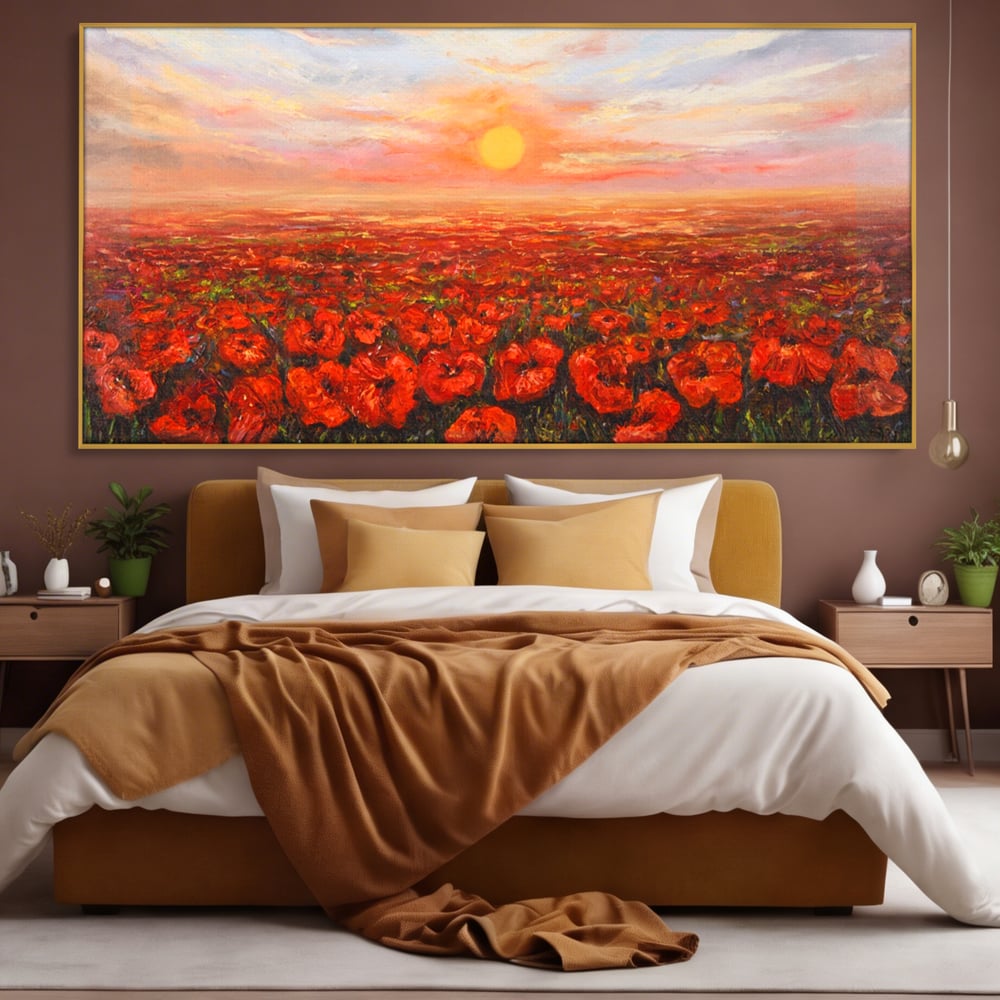 Leinwandbilder Premium-Leinwandkunst LuxCanva® A1275, Feld mit Mohnblumen, Wohnen, Blumen, Blumen, Sonne, Himmel, Landleben, Schlafzimmer, kräftige Farben