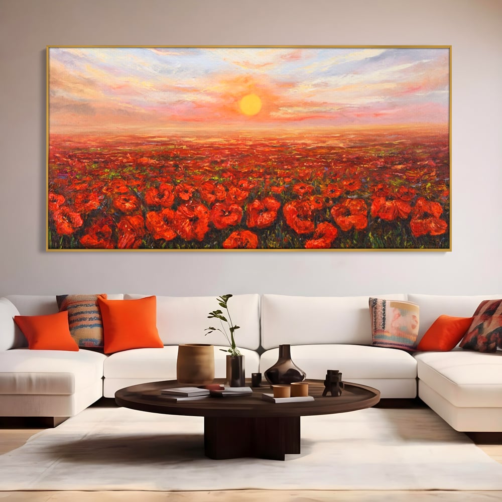 Leinwandbilder Premium-Leinwandkunst LuxCanva® A1275, Feld mit Mohnblumen, Wohnen, Blumen, Blumen, Sonne, Himmel, Landleben, Schlafzimmer, kräftige Farben