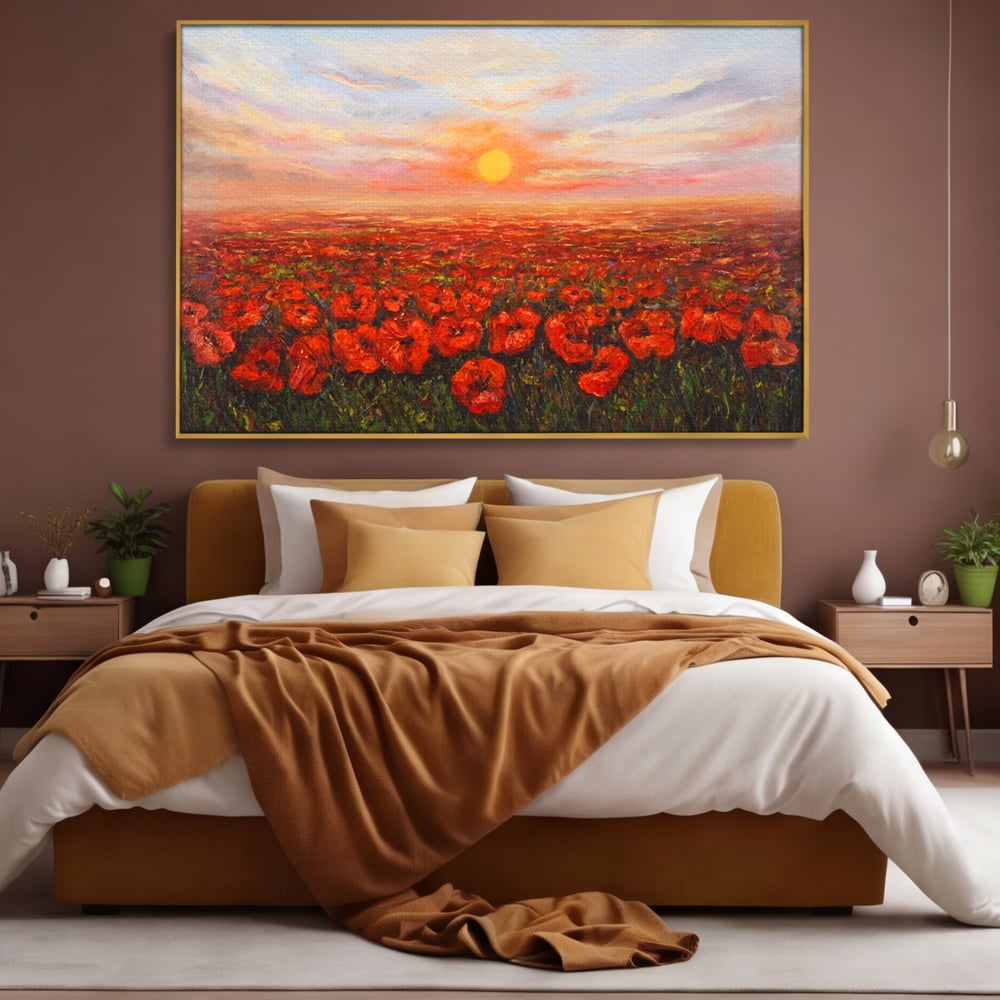 Leinwandbilder Premium-Leinwandkunst LuxCanva® A1275, Feld mit Mohnblumen, Wohnen, Blumen, Blumen, Sonne, Himmel, Landleben, Schlafzimmer, kräftige Farben