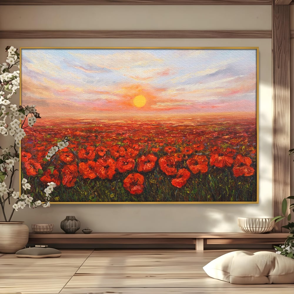 Leinwandbilder Premium-Leinwandkunst LuxCanva® A1275, Feld mit Mohnblumen, Wohnen, Blumen, Blumen, Sonne, Himmel, Landleben, Schlafzimmer, kräftige Farben