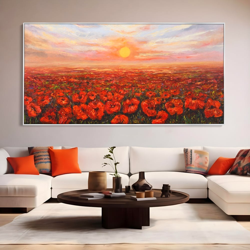 Leinwandbilder Premium-Leinwandkunst LuxCanva® A1275, Feld mit Mohnblumen, Wohnen, Blumen, Blumen, Sonne, Himmel, Landleben, Schlafzimmer, kräftige Farben