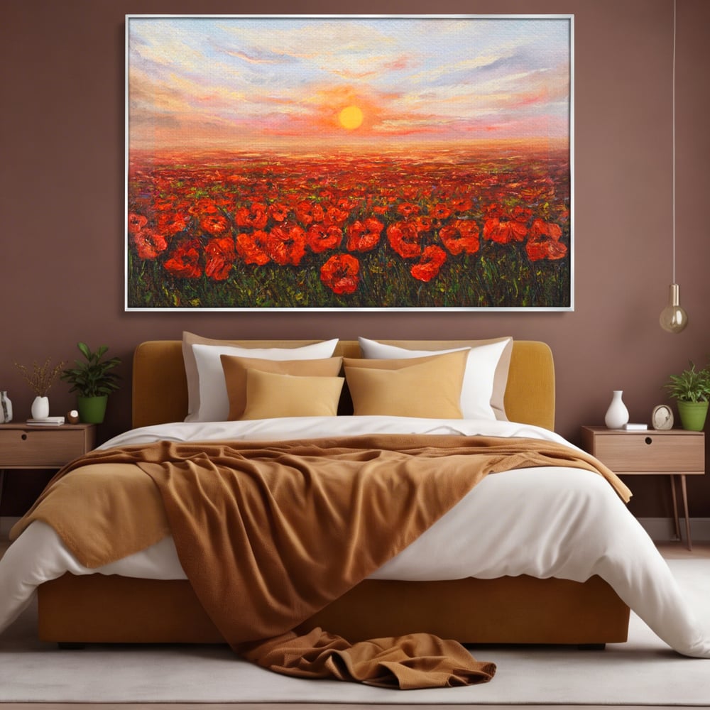 Leinwandbilder Premium-Leinwandkunst LuxCanva® A1275, Feld mit Mohnblumen, Wohnen, Blumen, Blumen, Sonne, Himmel, Landleben, Schlafzimmer, kräftige Farben
