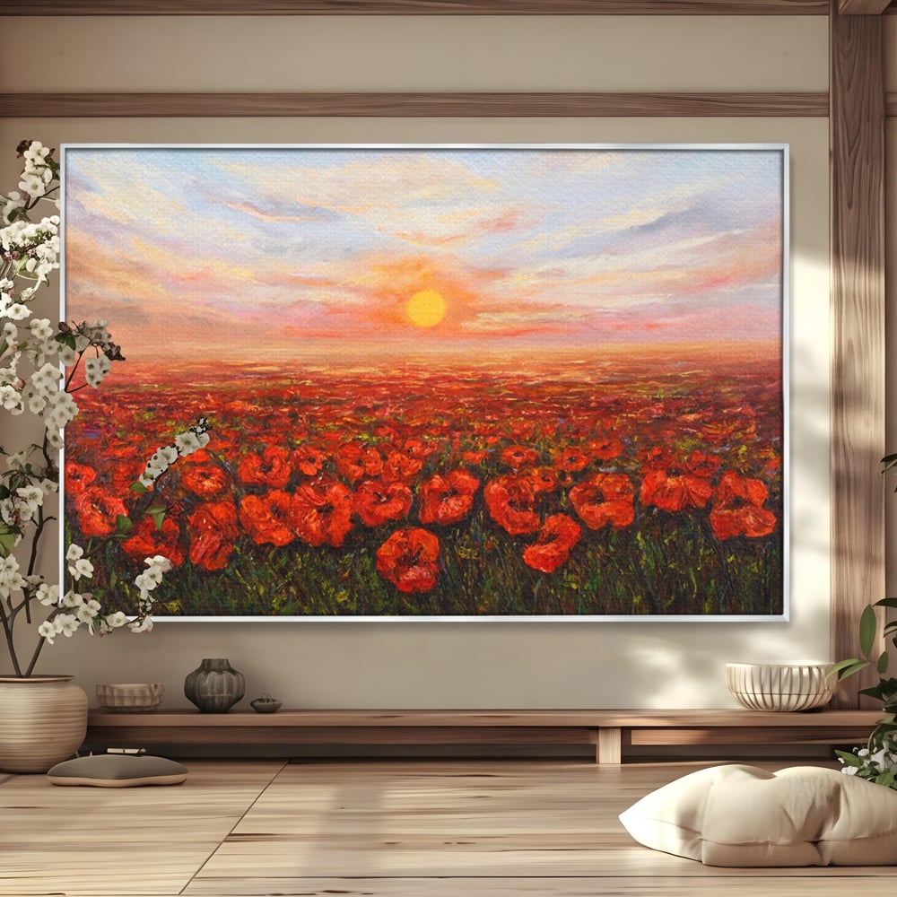 Leinwandbilder Premium-Leinwandkunst LuxCanva® A1275, Feld mit Mohnblumen, Wohnen, Blumen, Blumen, Sonne, Himmel, Landleben, Schlafzimmer, kräftige Farben