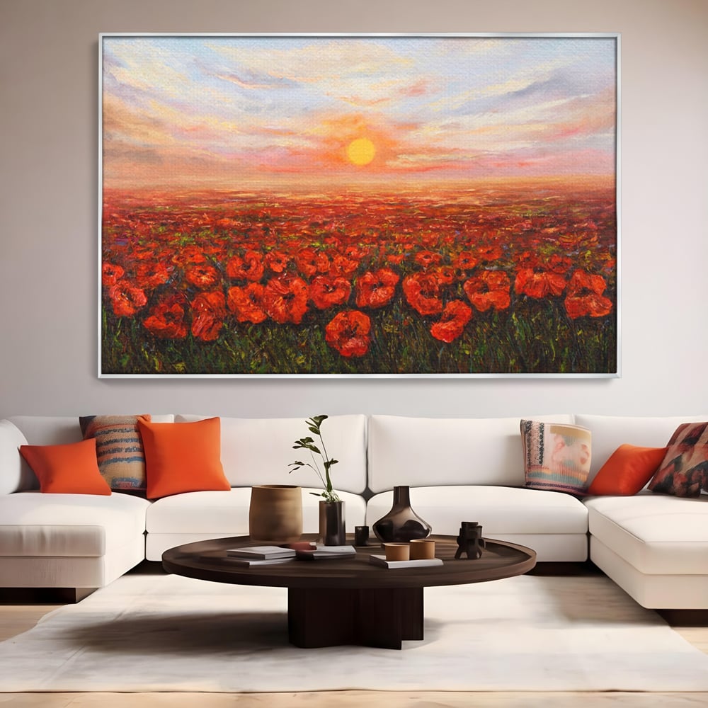 Leinwandbilder Premium-Leinwandkunst LuxCanva® A1275, Feld mit Mohnblumen, Wohnen, Blumen, Blumen, Sonne, Himmel, Landleben, Schlafzimmer, kräftige Farben