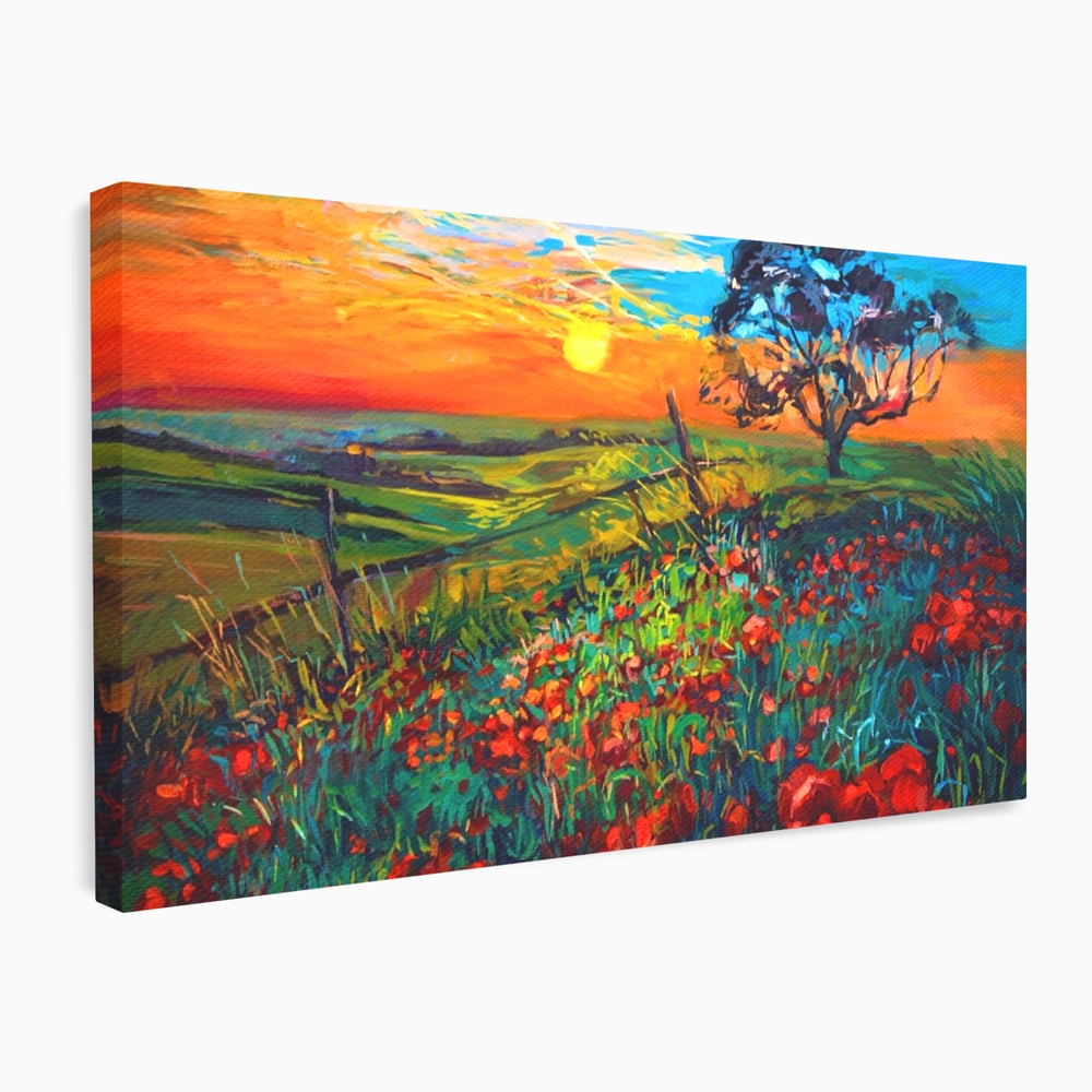 Tablou Canvas Premium LuxCanva® A1276, Flori La Apus, Living, Maci, Soare, Cer, Camp, Dormitor, Culori Vibrante