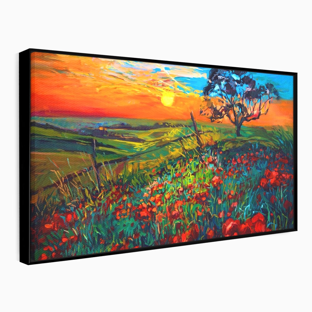 Tablou Canvas Premium LuxCanva® A1276, Flori La Apus, Living, Maci, Soare, Cer, Camp, Dormitor, Culori Vibrante