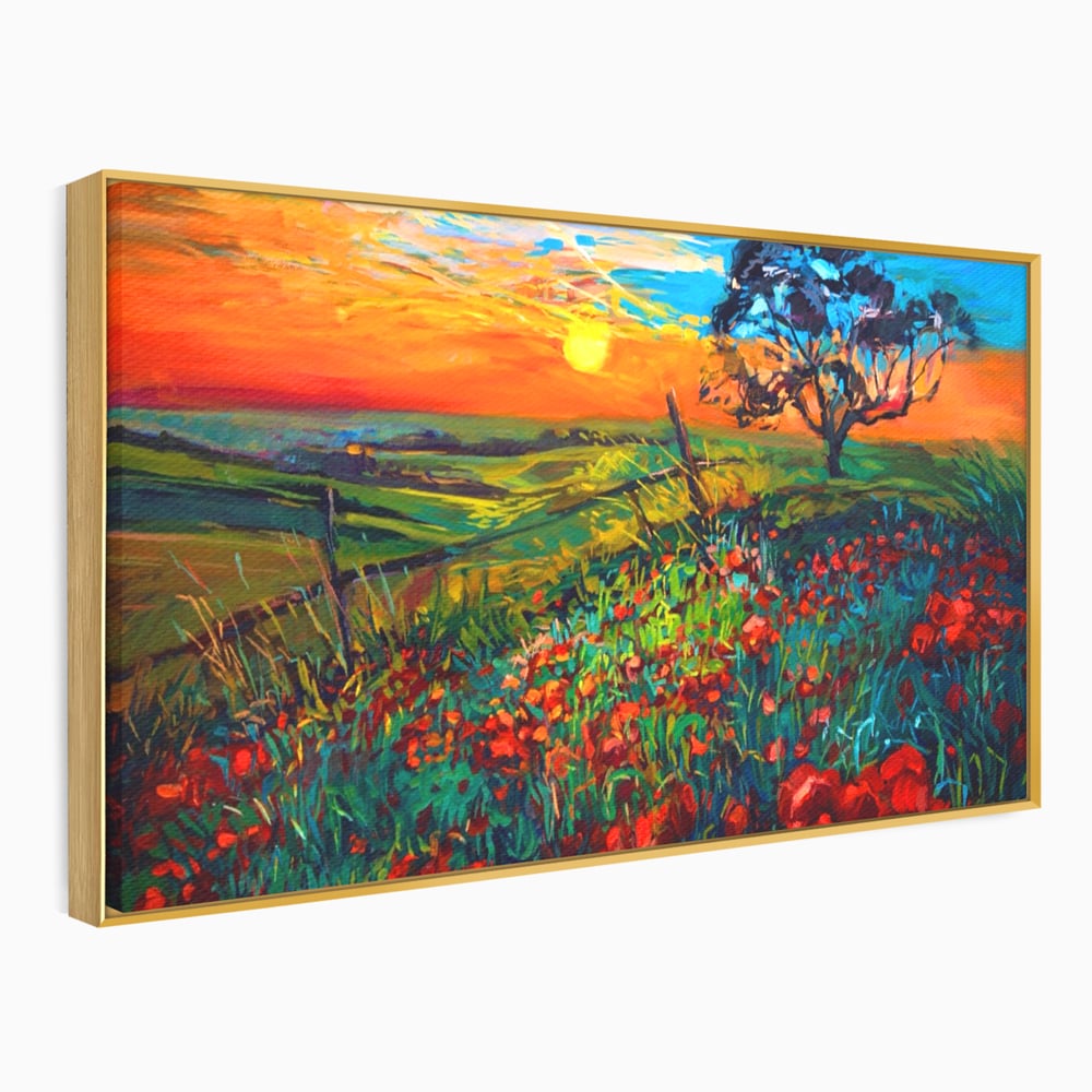 Tablou Canvas Premium LuxCanva® A1276, Flori La Apus, Living, Maci, Soare, Cer, Camp, Dormitor, Culori Vibrante