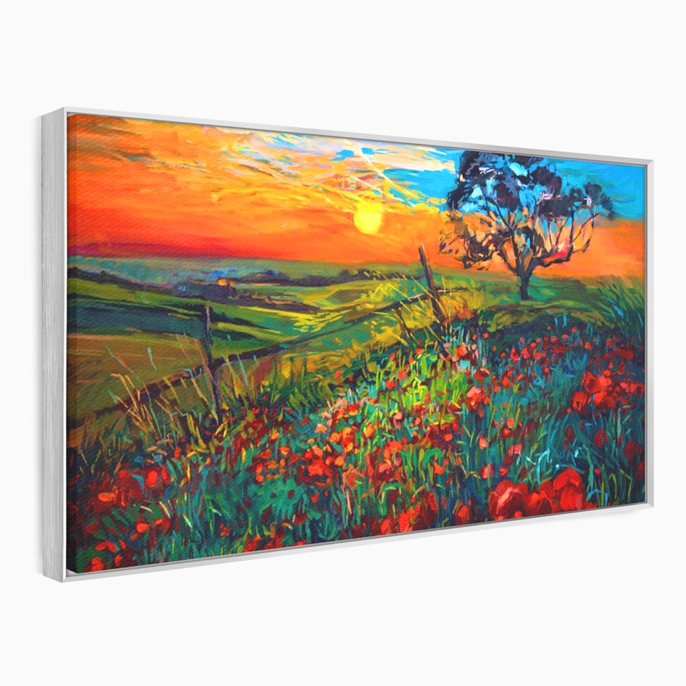 Tablou Canvas Premium LuxCanva® A1276, Flori La Apus, Living, Maci, Soare, Cer, Camp, Dormitor, Culori Vibrante