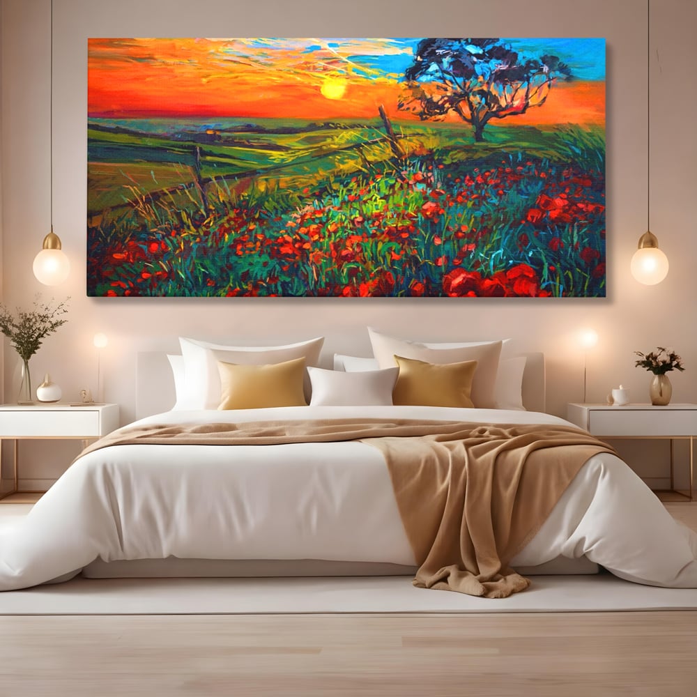 Tablou Canvas Premium LuxCanva® A1276, Flori La Apus, Living, Maci, Soare, Cer, Camp, Dormitor, Culori Vibrante