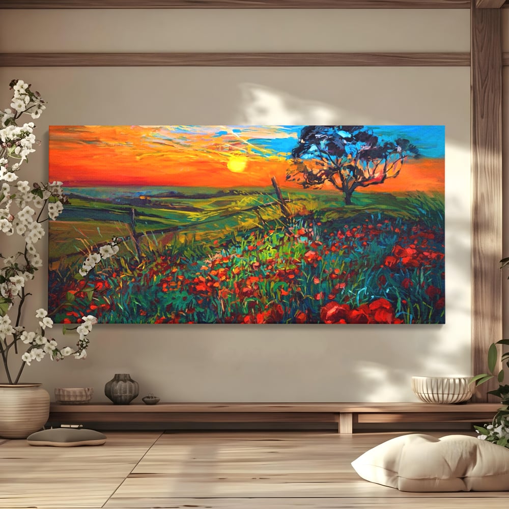 Tablou Canvas Premium LuxCanva® A1276, Flori La Apus, Living, Maci, Soare, Cer, Camp, Dormitor, Culori Vibrante