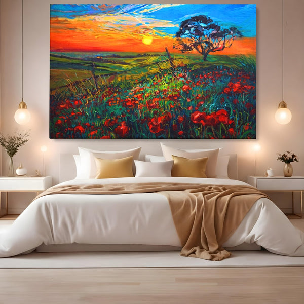 Tablou Canvas Premium LuxCanva® A1276, Flori La Apus, Living, Maci, Soare, Cer, Camp, Dormitor, Culori Vibrante