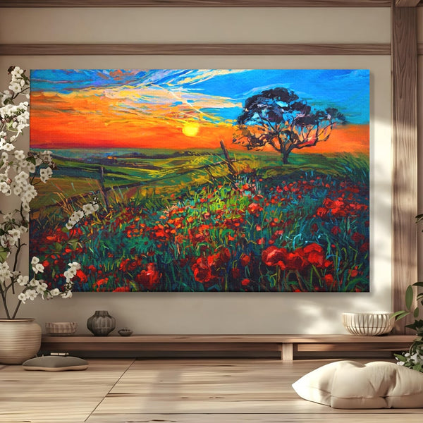 Tablou Canvas Premium LuxCanva® A1276, Flori La Apus, Living, Maci, Soare, Cer, Camp, Dormitor, Culori Vibrante