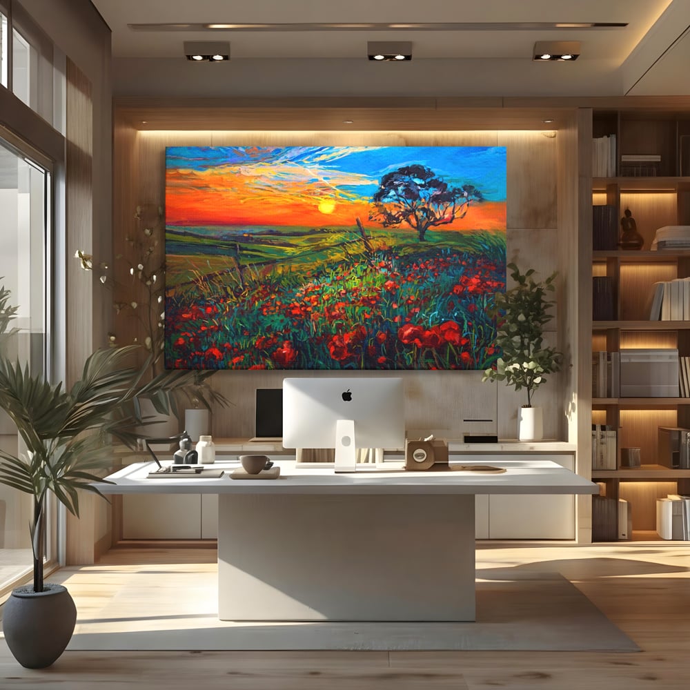 Tablou Canvas Premium LuxCanva® A1276, Flori La Apus, Living, Maci, Soare, Cer, Camp, Dormitor, Culori Vibrante