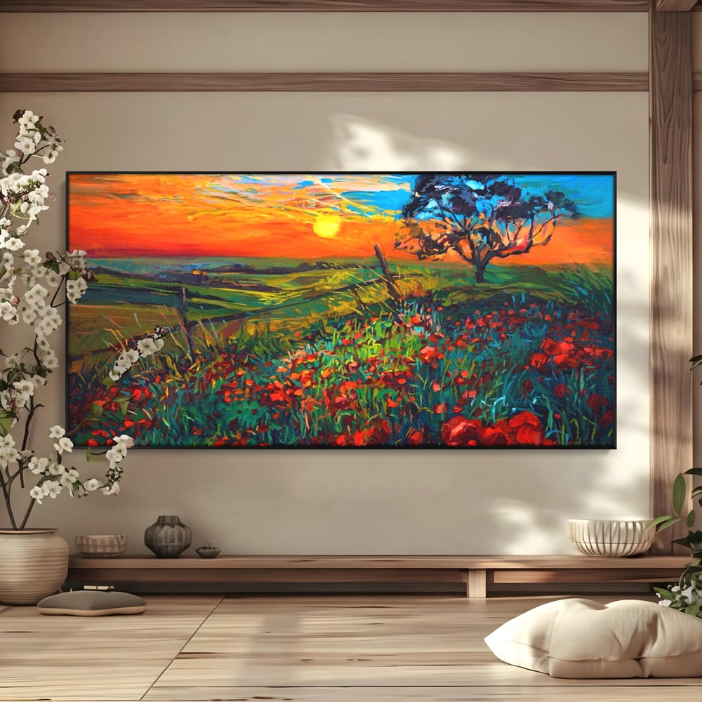 Tablou Canvas Premium LuxCanva® A1276, Flori La Apus, Living, Maci, Soare, Cer, Camp, Dormitor, Culori Vibrante