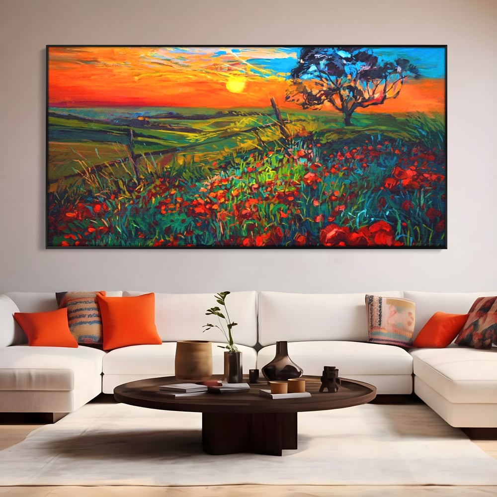 Tablou Canvas Premium LuxCanva® A1276, Flori La Apus, Living, Maci, Soare, Cer, Camp, Dormitor, Culori Vibrante