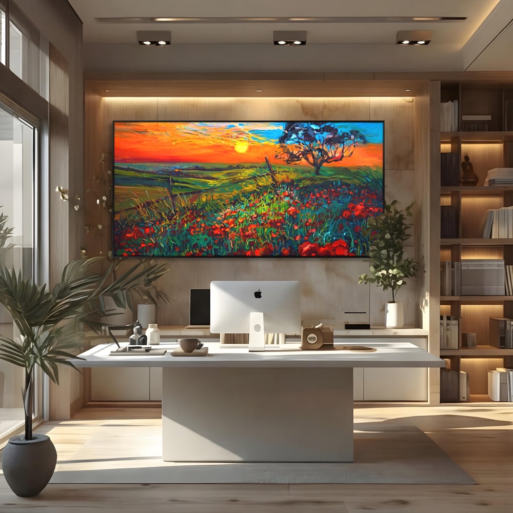 Tablou Canvas Premium LuxCanva® A1276, Flori La Apus, Living, Maci, Soare, Cer, Camp, Dormitor, Culori Vibrante