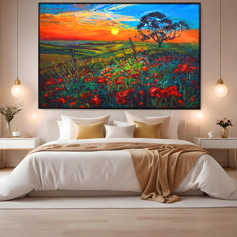 Tablou Canvas Premium LuxCanva® A1276, Flori La Apus, Living, Maci, Soare, Cer, Camp, Dormitor, Culori Vibrante