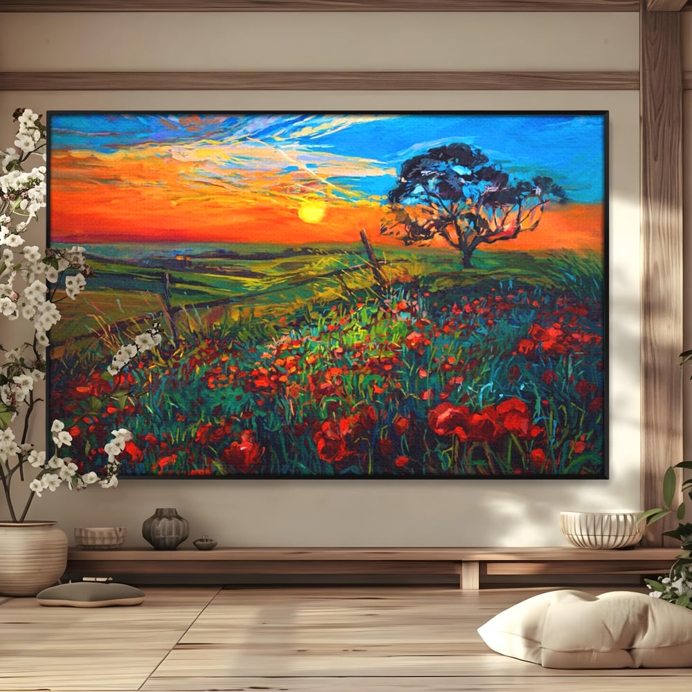 Tablou Canvas Premium LuxCanva® A1276, Flori La Apus, Living, Maci, Soare, Cer, Camp, Dormitor, Culori Vibrante