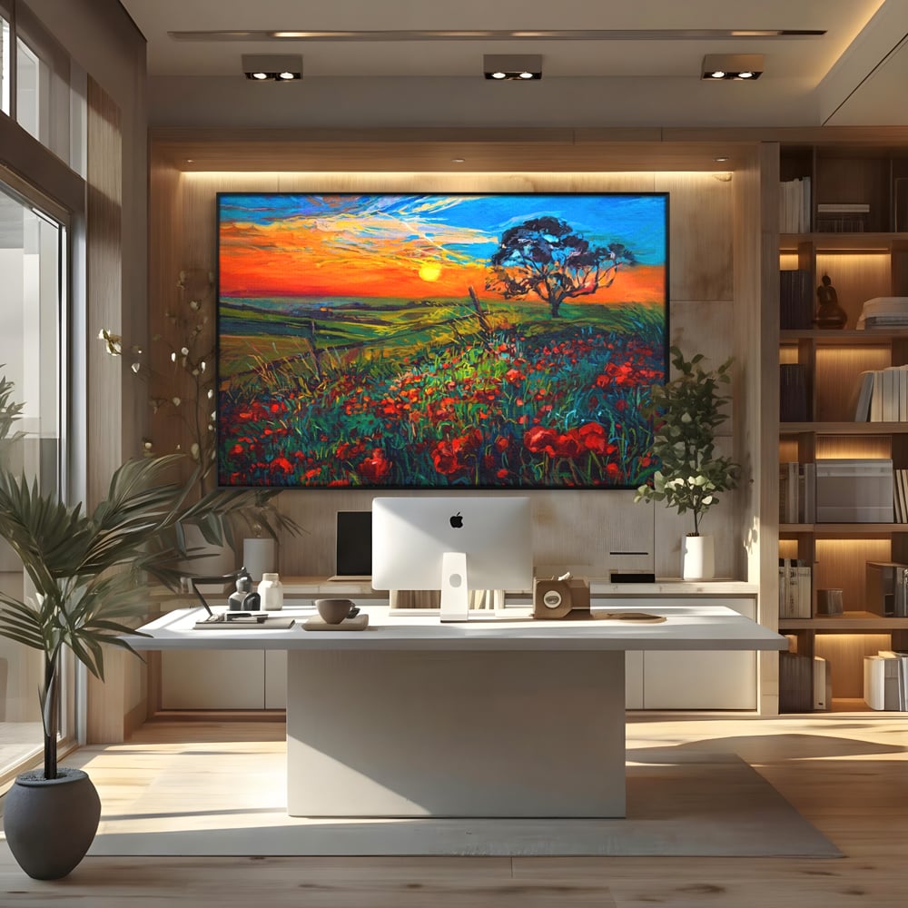 Tablou Canvas Premium LuxCanva® A1276, Flori La Apus, Living, Maci, Soare, Cer, Camp, Dormitor, Culori Vibrante